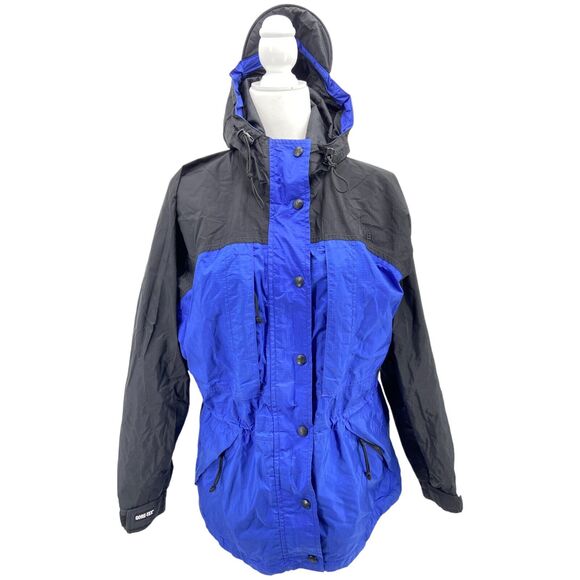 REI Nylon Gore Tex Rain Wind Jacket Womens sz Small‎ Blue Black Packable - Picture 1 of 9